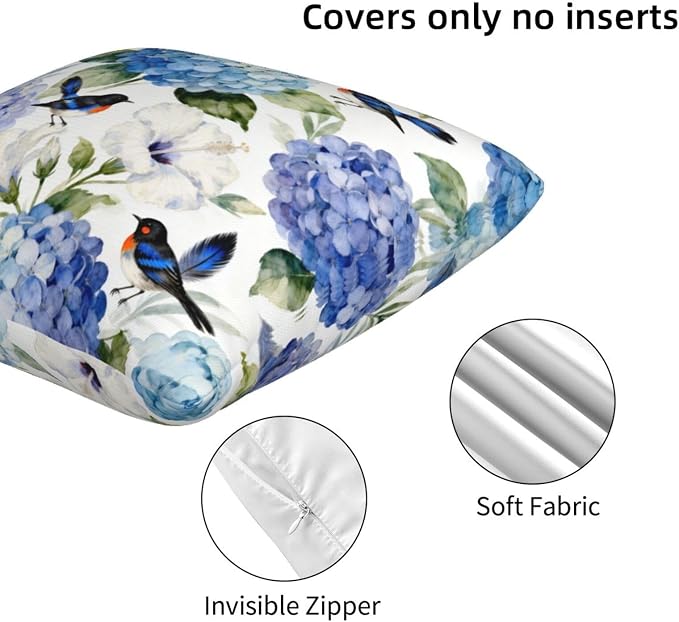 Blue and White Floral Pillow Covers 18x18 Set of 2, Spring Hydrangea Hibiscus Flower Throw Pillow Covers Outdoor Decorative Pillow Case for Couch Bed Sofa Cushion Home Decor