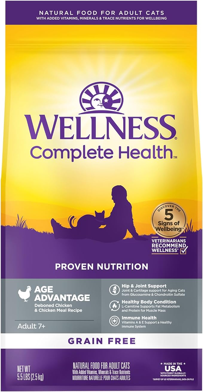 Wellness Complete Health Senior Dry Cat Food, Natural, Grain Free Kibble, Chicken Recipe, 5.5 lb Bag