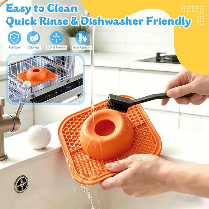 Slow Feeder Dog Bowls & Lick Mat for Liquid and Thick Treat, Anti-Slip Dog Lick Bowl with Interactive Rolling Ball, 5/6 Cup Pup Licking Toy for Large Medium Small Dogs and Cats Orange