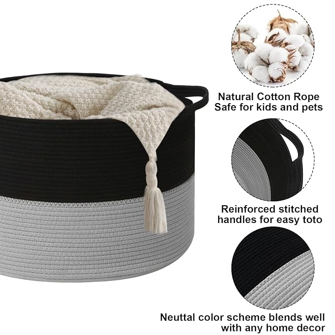 115L Large Blanket Basket,Woven Laundry Basket-Black&Light Grey | Collapsible, reinforced handles, nursery storage bin organizes clothes, toys and pillows for living room, bedroom bathroom