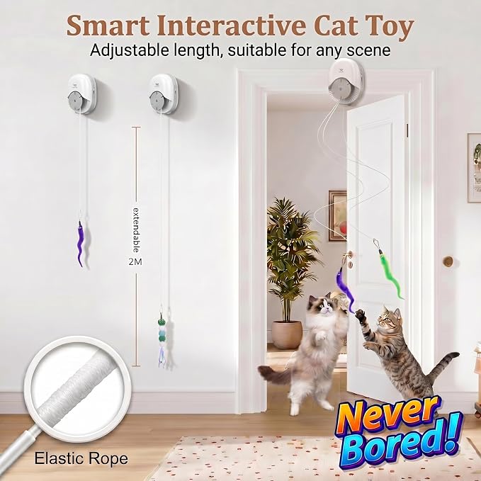 Interactive Cat Toys for Indoor Cats, Automatic Wand Cat Toy with 2 Smart Motion Modes, USB Rechargeable Electric Teaser with Clip, Self Play Enrichment Toy for Bored Kittens & Adult Cats