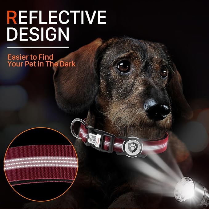 Waterproof AirTag Dog Collar with QR Code Dog Tag, Burgundy S | IP68 waterproof, QR code dog tag, Anti-Lost, Online profile, fits XS-L (8"-26"), Padded nylon, Reflective, No App, No Fees