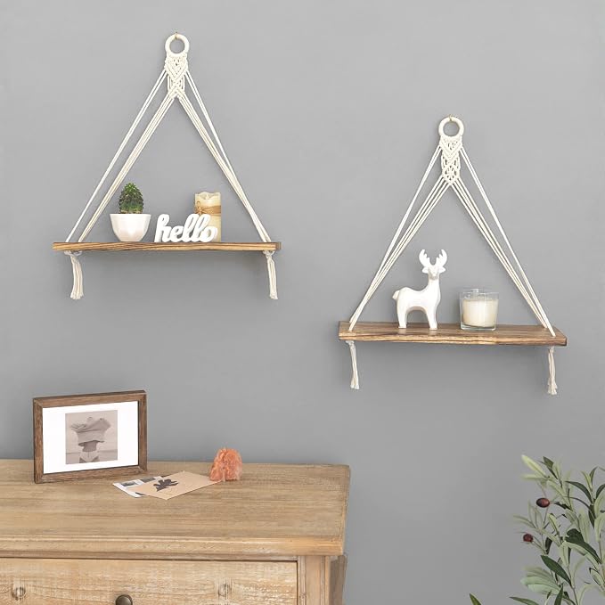 Mkono Macrame Hanging Shelves Boho Wall Decor Set of 2 Floating Wood Shelf | Cute Room Decor for Teen Girls Display Storage Shelves for Hanging Plant Photos Fit Bedroom Bathroom Living Room Nursery Dorm