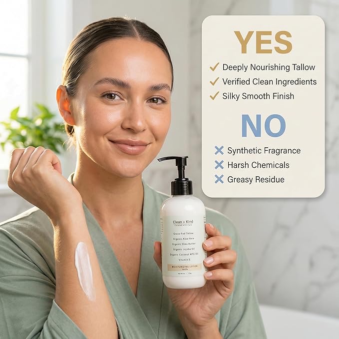 Daily Moisturizing Lotion – Tallow Body Lotion with Aloe Vera, Shea Butter, Jojoba Oil, MCT Oil & Vitamin E – Deep Hydration for Dry, Rough, Sensitive Skin (16 oz, Vanilla)