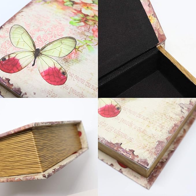 Jolitac Decorative Book Boxes World Map Pattern Antique Book Invisible box with Magnetic cover, Faux Wood Set of 3 Storage Set (Butterfly)