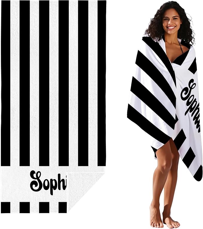 JML Personalized Beach Towel with Name, Custom Cabana Stripe Beach Towel, Customized Microfiber Pool Towel, Quick Dry & Absorbent Swim Towel for Adult,Anniversary, Birthday, Summer Holiday,Vacation