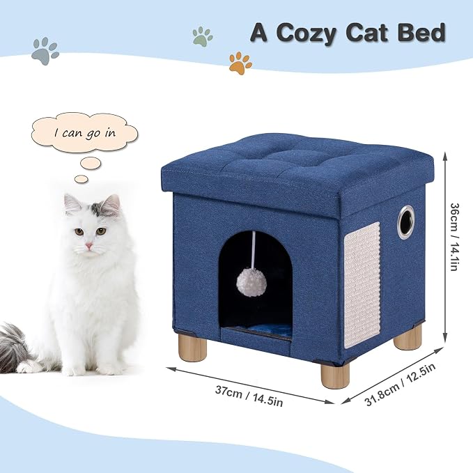 BRIAN & DANY Cat Beds for Indoor Cats,Cat Cave House for Kitten with Scratch Board & Ball, 14.7" x 14.1” x 12.7”, Blue