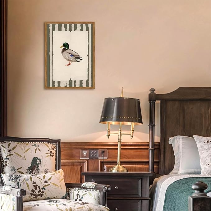 Framed Vintage Mallard Duck Wall Art, Country Farmhouse Duck Pictures Wall Decor, Rustic Wildlife Animal Paintings Canvas Prints Cottagecore Home Decor for Living Room Bedroom nursery 12x16 inch