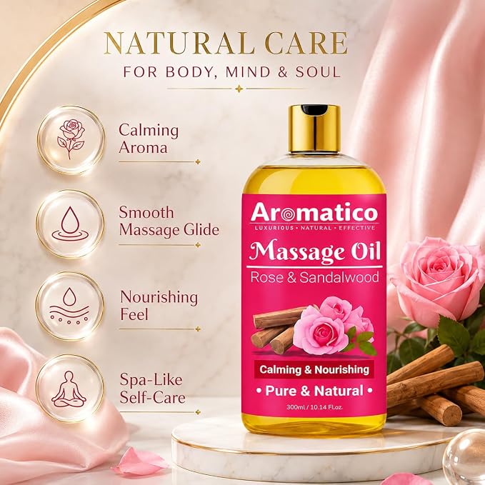 Aromatico Rose & Sandalwood Massage Oil for for Men & Women-10.1 fl oz | Lightweight Non-Greasy Body Oil for Massage & Daily Body Care, Fast-Absorbing Moisturizing Oil with Warm Floral Aroma