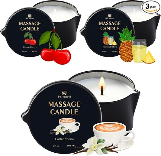 3 Pack Massage Oil Candles 2.35oz Low Temp Massage Candle Wax 3 Scent Spa Therapy Body Oil Valentines Gifts for Relaxation, Couples, or Self-Care (Cream Cherry, Coffee Vanilla, Pineapple Rum)