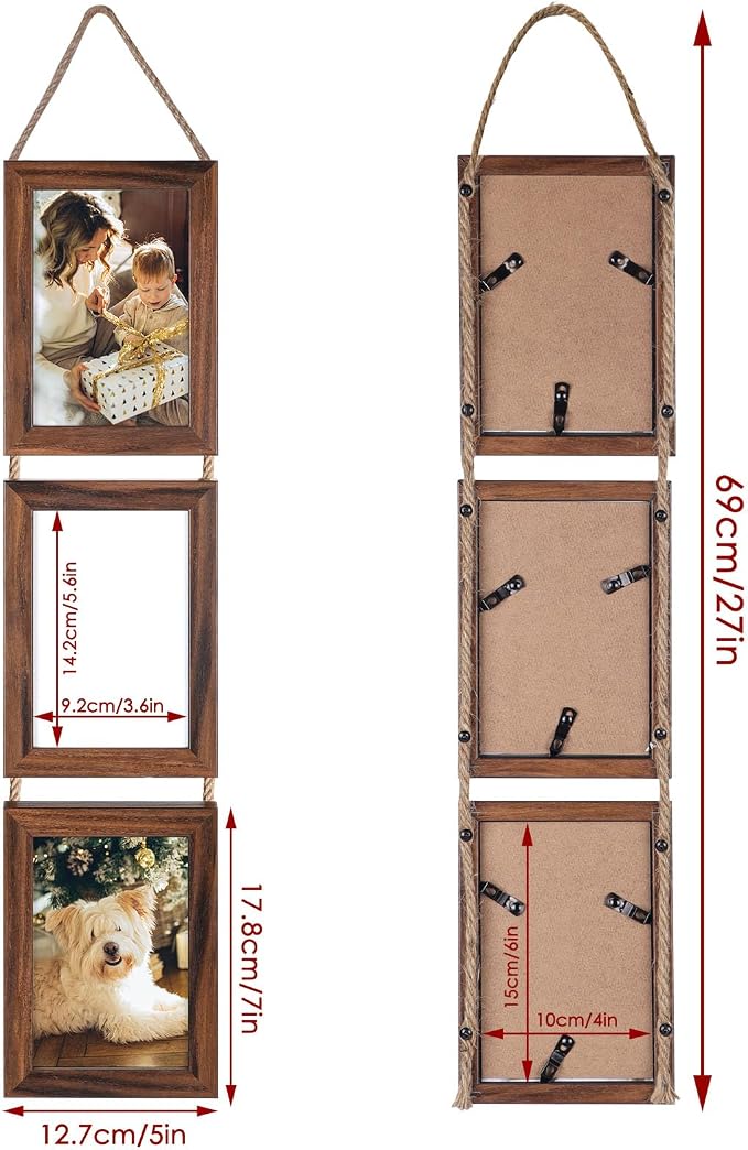 QUTREY 4x6 Picture Frames Collage, 6 Openings Wall Hanging Photo Frame Set of 2 Display 4 by 6 inch Vertical Pictures Frame, Rustic Walnut Brown