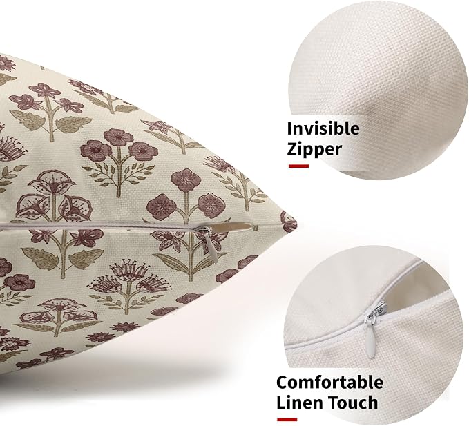 Brown Burgundy Floral Pillow Covers 12x20 Inch Set of 2, Block Print Lumbar Flower Cream Decorative Throw Pillowcases Outdoor Farmhouse Rectangle Cushion Covers Spring Summer Sofa Couch Bed Decor