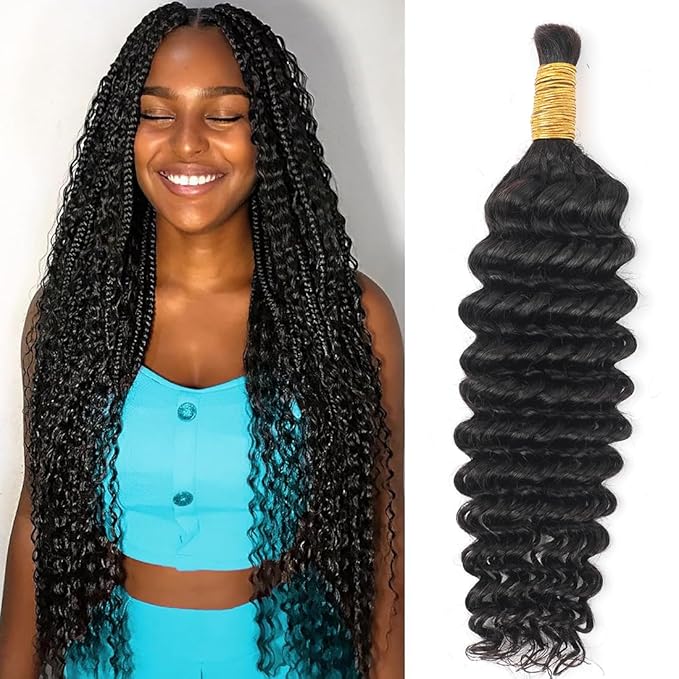 Human Braiding Hair for Boho Braids 16inch Deep Water Wave Bulk Human Hair Extensions for Braiding No Weft Brazilian Virgin Curly Loose Deep Wave Bulk Wet and Wavy 1 Bundle 100g Natural Black