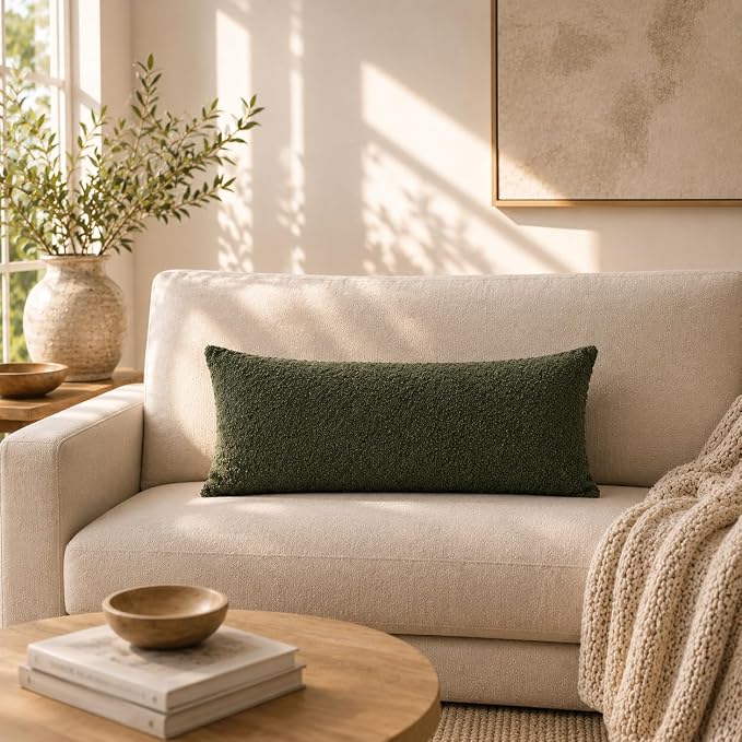 JoraLion 12x24 inch Boucle Lumbar Pillow Cover, Army Green Woven Texture Neutral Long Pillow Cover Breathable Cushion Case for Couch Sofa Bed Living Room Home Decor (Cover Only)