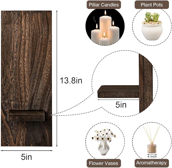 Wood Wall Decor Set of 2, Farmhouse Wall Planter for Small Spaces | wall vase and candle sconce in one, eucalyptus and dried flowers planter, solid wood, living room bathroom and entryway décor