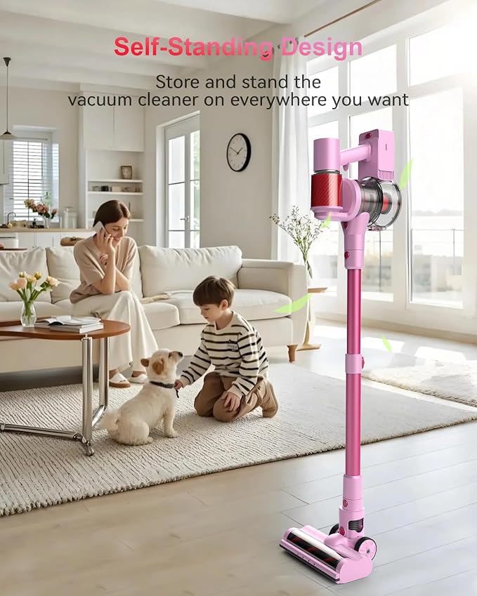Pink Cordless Stick Vacuum Cleaner, 50Kpa/600W/60 Mins for Home/Pet Hair | Self-Standing and Touch Screen, Anti-Tangle Wireless Vacumm for Carpets/Floors