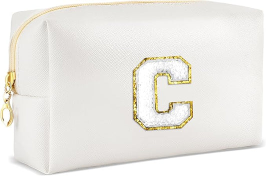 URSKYTOUS Gifts for Girls Initial Makeup Bag Personalized Cosmetic Bag with Zipper Cute Travel Toiletry Bags Waterproof PU Preppy Makeup Pouch Birthday Gift for Teen Girls Women(White C)