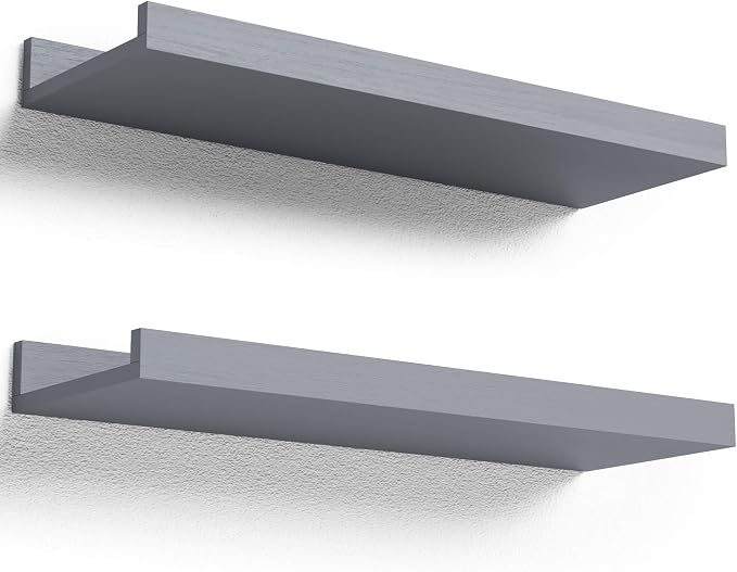 Boswillon Floating Shelves Set of 2, Small Wall Shelf with Lip, 16in, Grey | Display Ledge Shelf for Room Wall, Wall Decor Shelves for Bathroom, Living Room, Bedroom, Kitchen, Nursery Room, Modern, Wood