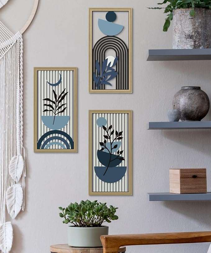 Putuo Decor Boho Abstract Wall Art, Set of 3, Modern Botanical Wooden Wall Decor, Blue Mid-Century Minimalist Framed Artwork for Living Room Bedroom, Office