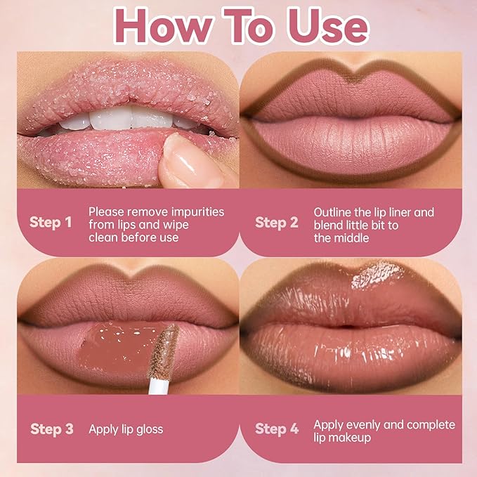 Lip Liner Gloss Lip Combo Set, 2 in 1 Lip Duo Natural Nude Lip Liner Lipstick Glossy Nourishing Blushl Dew Gloss Lip Kit, Smooth Quick Fuller Plumping Juicy Lip Makeup for Women05#Rose Dewy