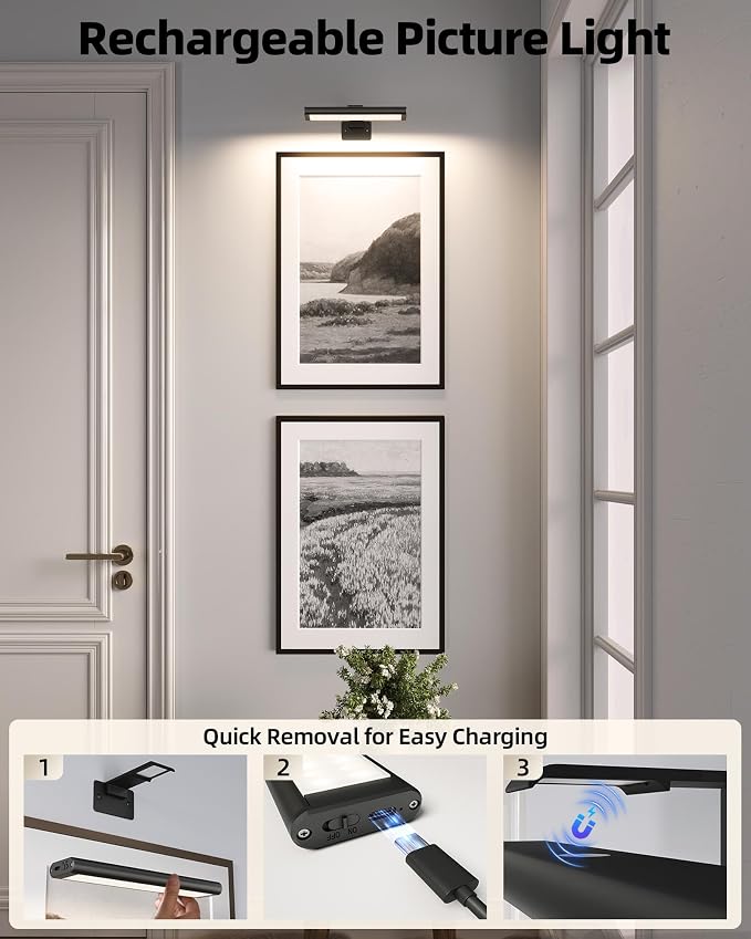 EZVALO Picture Light for Wall, Rechargeable 2400mAh Lights Wireless with IR Remote, 3 Color & Dimmable Magnetic 7.8'' LED Lights Display for Painting, Living Room, Gallery, Bedroom(Black-3P)