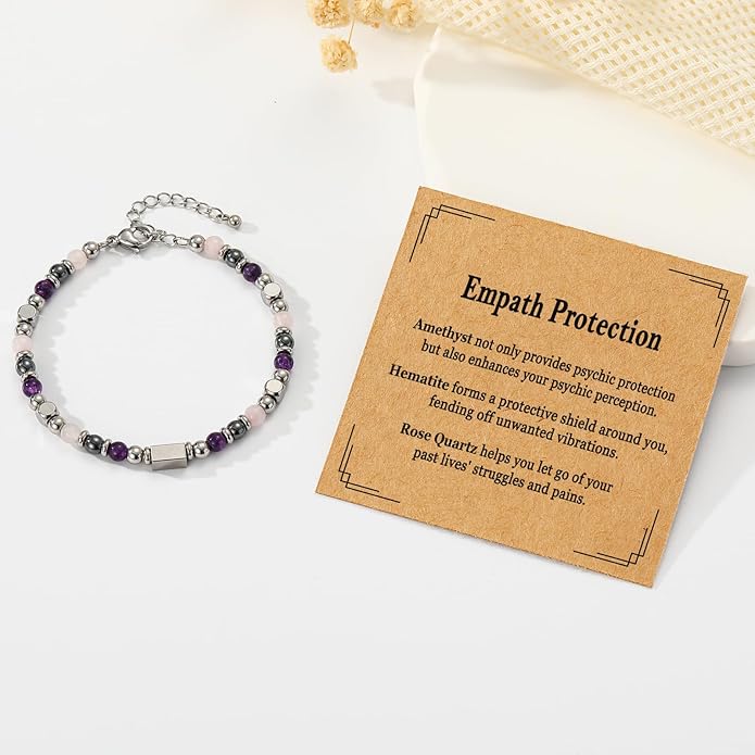Natural Healing Crystal Bracelet for Women, Triple Protection Anxiety Relief New Beginnings Good Luck Empath Protection Jewelry Gift for Friends Daughter Mom 6.5+1.8 Inches