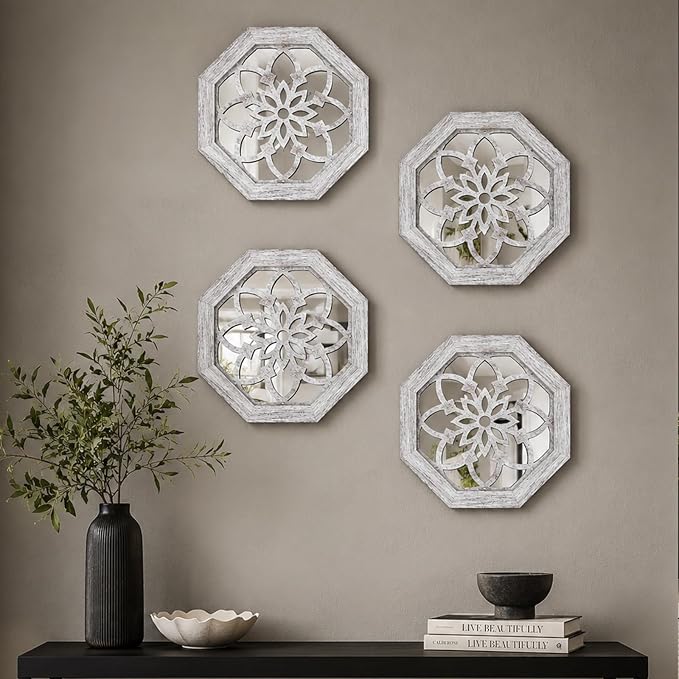 4 Pack 12 Inch Octagon Grey Rustic Wood Frame Acrylic Wall Mirrors, Farmhouse Boho Wall Art Decor for Living Room, Bedroom, Hallway, Entryway, Bathroom & Office