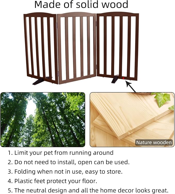 ZJSF Foldable Freestanding Indoor Dog Gate for House Wood Long Pet Gates Dog Fence for Stairs Puppy Gates for Hallways, Puppy Gate,Support Feet Included, Brown, 32 "Height-3 Panels