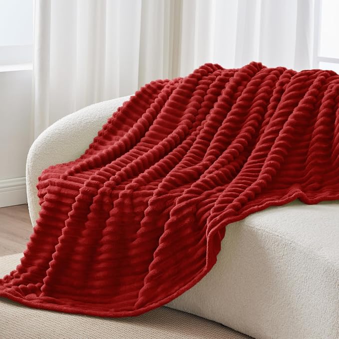 BEDELITE Striped Fleece Throw Blanket, Burgundy, 50"x60" | 300GSM Microfiber Fleece, Soft Cozy, Lightweight Warm, Double-Sided Plush, Machine Washable, Gift, Room Decor, for Couch Sofa