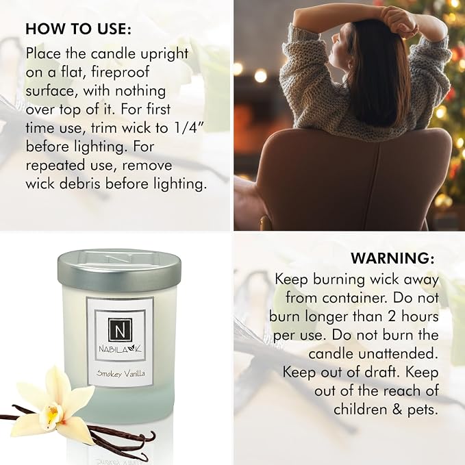 Nabila K – Smokey Vanilla - Soy-Based Candle – Anise, Nutmeg, Spicy Clove, Ginger, Sweet Vanilla, Amber - Hand-Poured - Cotton Wick - Aromatherapy Candle w/Essential Oils - Made in USA - 14 oz