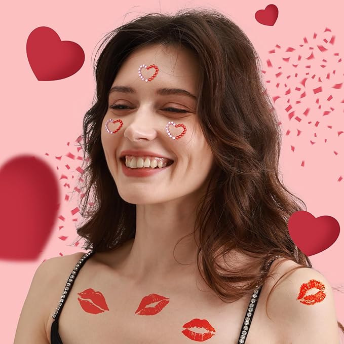YGDZ Kiss Tattoos Temporary Set, Red Lip Tattoo Stickers & Face Gems for Valentines Makeup, 10 Sheets Lipstick Kiss Temporary Tattoo, Heart Fake Tattoos, Hair Gems, Body, Face Rhinestones for Women