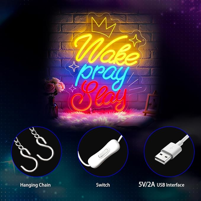 Neon Sign, Positive Neon Signs for Wall Decor LED Signs Neon Light | Wake Pray Slay Neon Sign, Inspiration Led Sign for Bedroom, Living Room, Business, Cafe, Bar, Party, Home Decor, USB Powered