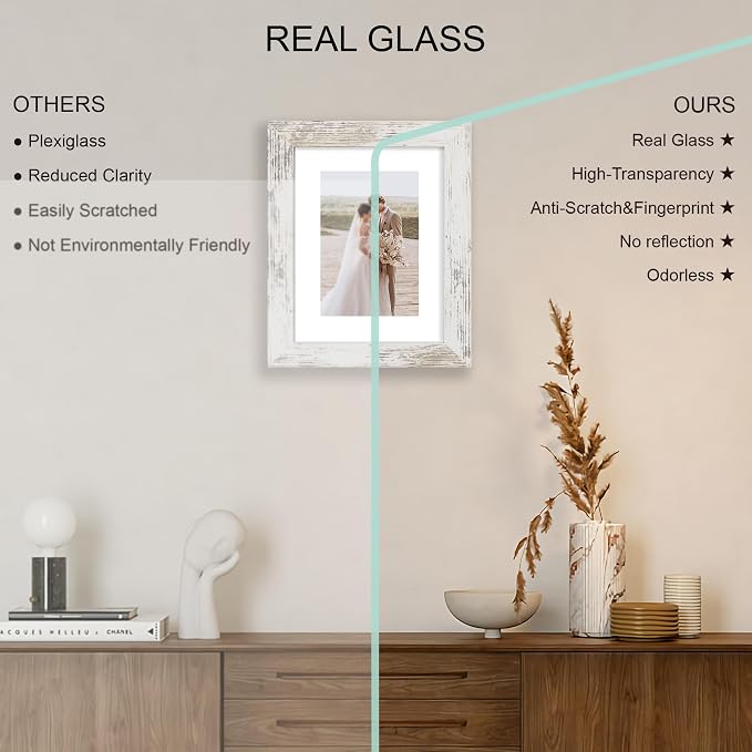 Hongkee 6x8 Picture Frame Set of 4, Made of Real Glass and Distressed White Frame - Display Picture 4x6 with Mat or 6x8 Without Mat, 6 by 8 Photo for Wall or Tabletop