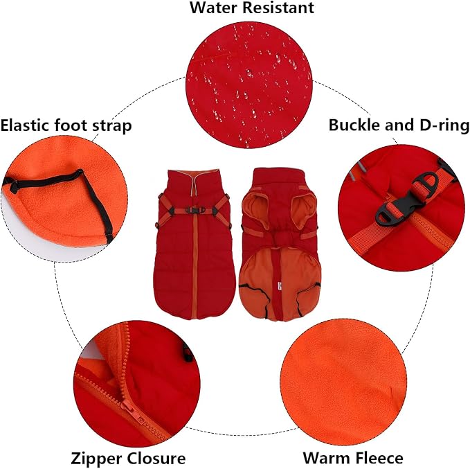 Geyecete Winter Warm Coat Waterproof Dog Winter Jacket with Harness Traction Belt,Windproof Pet Outdoor Jacket Dog Autumn-Red-L