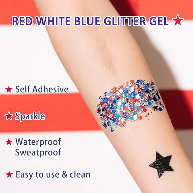 Red White and Blue Body Glitter,Patriotic Pride Hair Glitter for Kids,4th of July Accessories Outfits for Women Face Glitters Makeup Chunky Sequins,Fourth of July Accessories (Patriotic Themed)