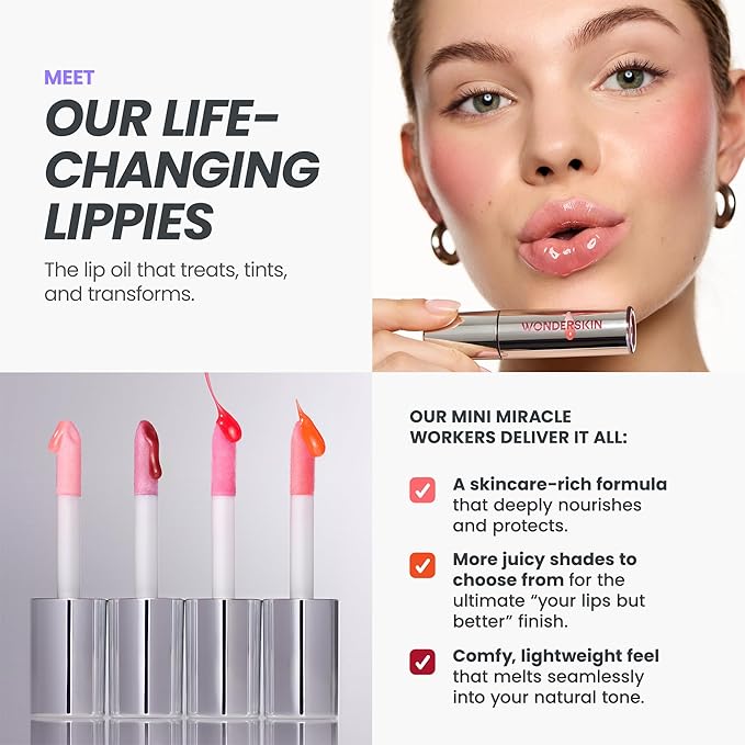 Wonderskin Lip Oil Rehab Serum - Tinted Lip Oil for Women, Hydrating, Moisturizing, and Non-Sticky Bright Red Tint Serum for Dry Lips (Flirt)
