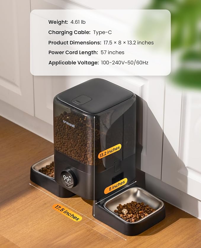 oneisall 2.4G Cordless Automatic Cat Feeder, 20 Cups/5L | 100-Day Rechargeable Battery Life, Time Meal, App Remote Control, Large Kibble, Timed Meals, Feed Now, Precise Portions