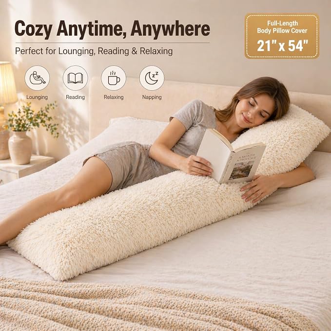 Reafort Luxury Long Hair, PV Fur, Faux Fur Body Pillow Cover/Case 21inx54in with Hidden Zipper Closure (Cream, 21inX 54in Pillow Cover) | Ultra-soft long hair faux fur with a hidden zipper offers luxurious comfort and is machine washable for easy care.