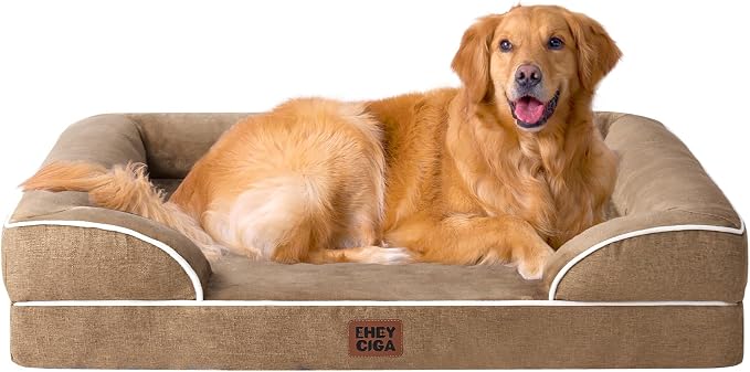 EHEYCIGA Orthopedic Dog Beds for Extra Large Dogs, Waterproof Memory Foam XL Dog Bed with Sides, Non-Slip Bottom and Egg-Crate Foam Big Pet Couch Bed with Washable Removable Cover, Camel | Non-Slip Bottom and Egg-Crate Memory Foam Big Dog Couch Bed wit...