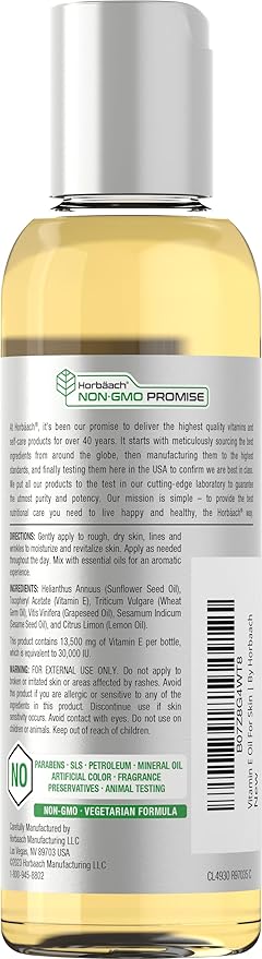 Horbäach Vitamin E Oil For Skin and Face | 4 fl oz | 100% Pure Oils | Moisturizing Skin Care | Non-GMO, Vegetarian | Lemon Scented