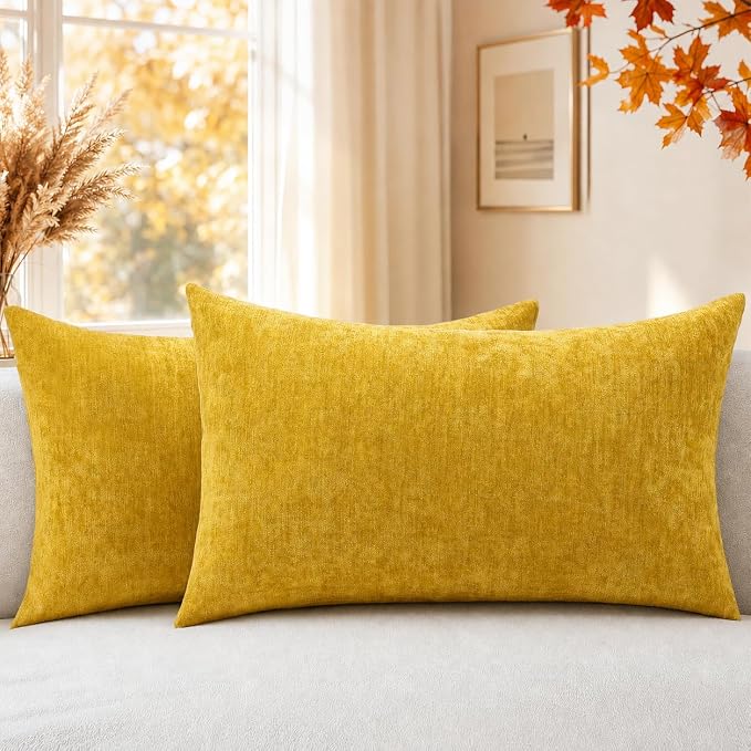 decorUhome Soft Chenille Mineral Yellow Throw Pillow Covers 12X20 Set of 2 | Decorative Fall Couch Pillow Covers Solid Dyed Accent Modern Farmhouse Neutral Rectangle Pillow Cases for Sofa