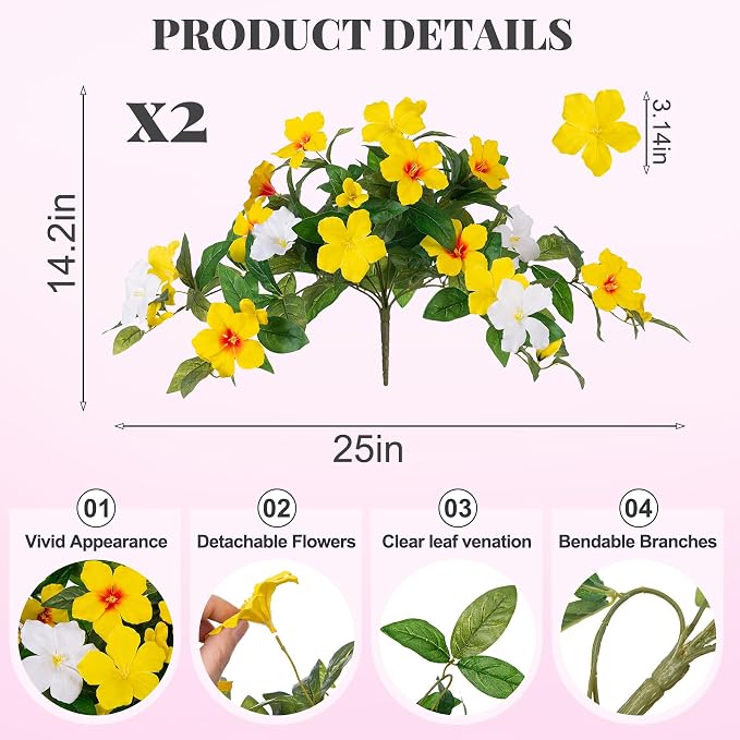 INXUGAO Artificial Hanging Faux Flowers for Outdoors Planters 2PCS Fake Flowers Silk Hibiscus Flowers for Outside Outdoor Faux Hanging Plants UV Resistant Spring Home Front Porch Decoration