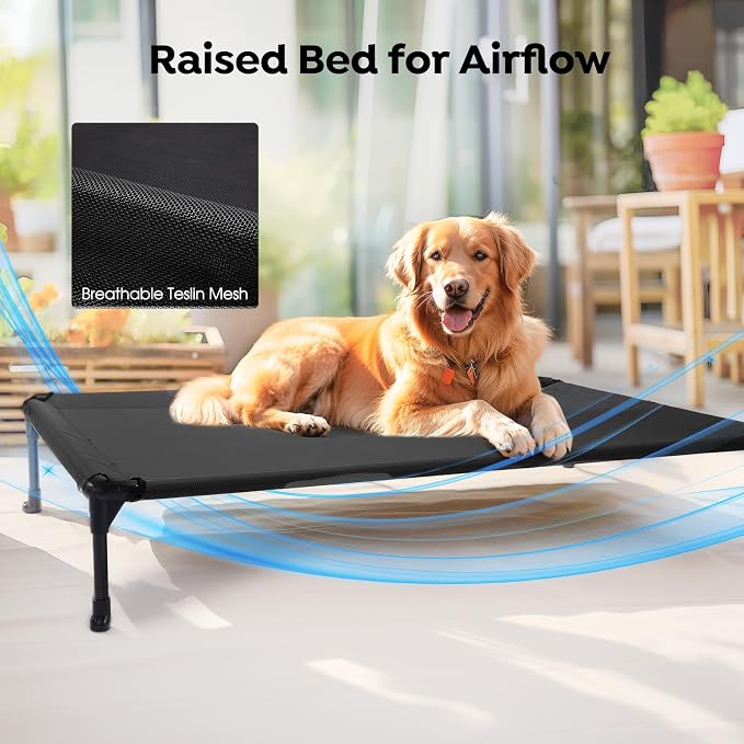 Veehoo Outdoor Elevated Dog Bed with Waterproof Bolster Cushion, Cooling | Raised Dog Bed with Removable & Washable Mat Topper, Breathable Mesh, Dog Couch Cot for Indoor Outdoor, 42", Large, Black