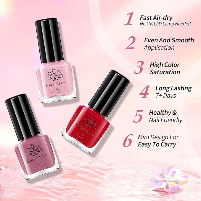 Born Pretty Red Pink Nail Polish Set, 15 Colors Red Pink Nude Black White Gray Brown Nail Polish Quick Dry Fingernail Polish Kit for DIY Nail Art Salon Home Valentines Day Gift for Women