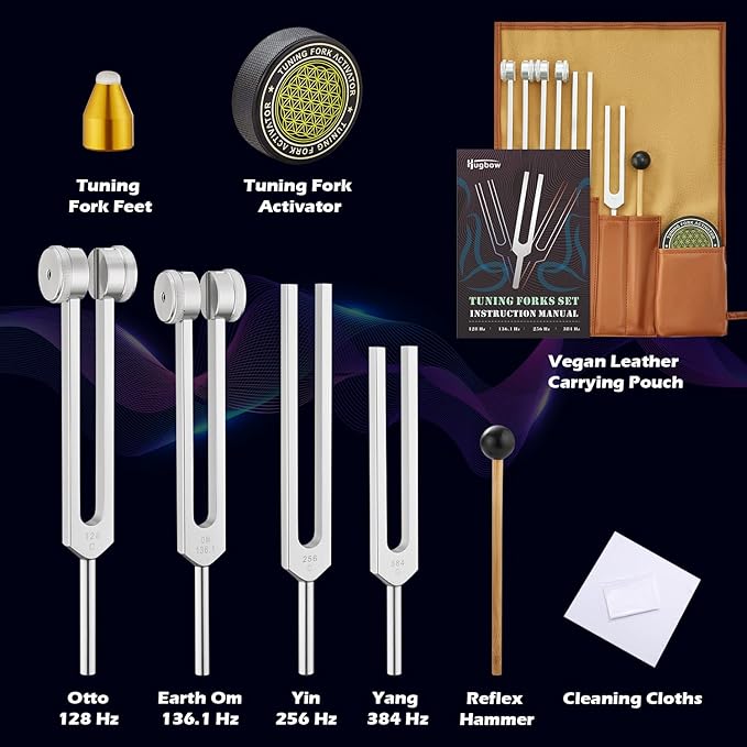 Tuning Forks for Healing, Aluminum Alloy Tuning Fork 128Hz, 136.1Hz, 256Hz, 384Hz, Hockey Puck Activator & feet, Weighted & Unweighted Tuning Fork Set with Vegan Leather Pouch