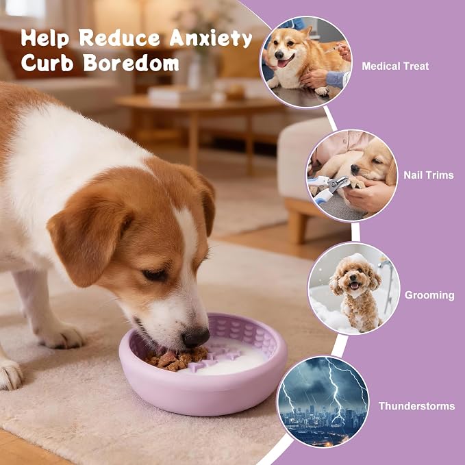 Slow Feeder Dog Lick Bowl,Silicone Feeding Dogs Licking Bowls(Purple,Large)