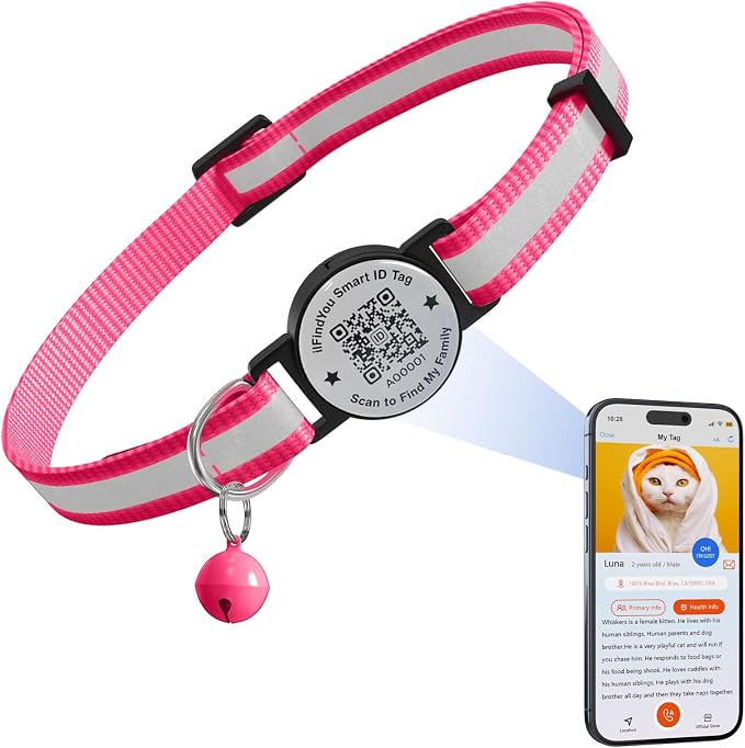 Breakaway Cat Collar QR Code, Reflective Bell, Adjustable Kitten, Rose Red