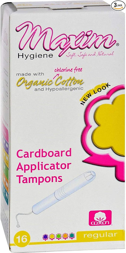 Maxim Organic Applicator Tampons (Regular): 100% Natural Cotton Tampons for Feminine Menstrual Care -16 Count, 3 Pack