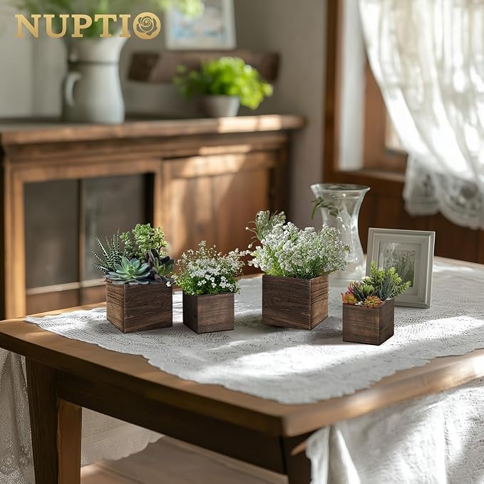 NUPTIO Small Wooden Box for Centerpiece, Brown, Square, 4"/5", 6 Pcs | Farmhouse Wood Vases Planter, for Fall Decor, Windowsill, Home, Garden