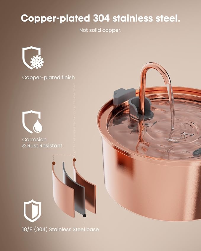 Tomxcute Stainless Steel Cat Water Fountain with Copper Plated,108oz | For Cats and Dogs,Visible Window,Copper-plated 304,Ultra Quiet Pump,Soft LED Night Light